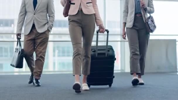Luchthaven Wandelen Benen Van Zakenmensen Met Bagage Voor Reizen Vliegtuig — Stockvideo