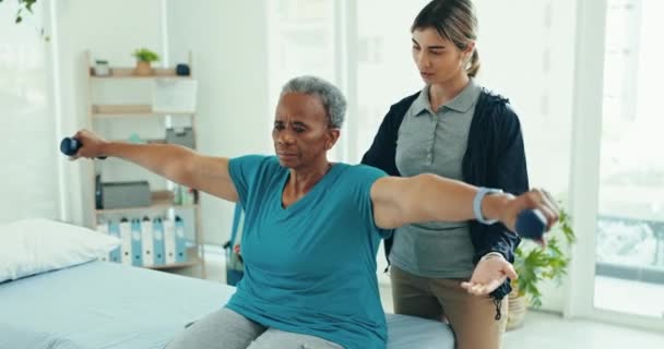身体療法 ダンベル シニアの女性は 腕の運動 整形外科的治癒またはリハビリトレーニングを行っています 理学療法士 進捗評価テスト および筋肉トレーニングで高齢者クライアントを支援する — ストック動画