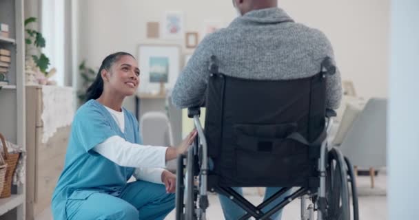 Senior Man Wheelchair Medical Support Nurse Help Healthcare Retirement Home — Stock Video