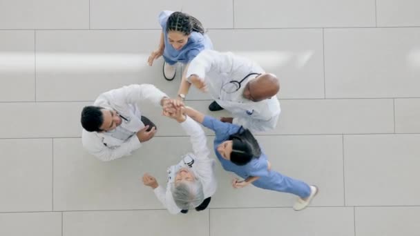 Alto Cinco Feliz Vista Superior Médicos Pessoas Grupo Celebram Sucesso — Vídeo de Stock