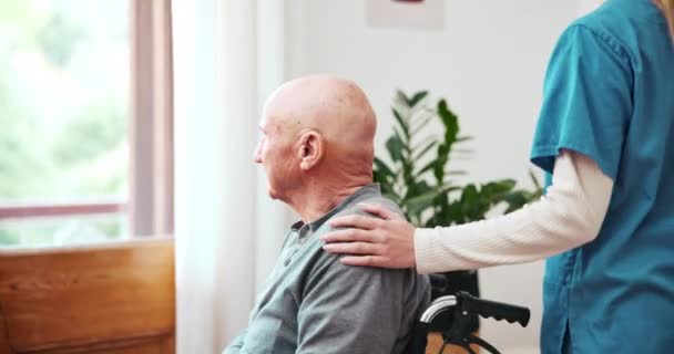 Alter Mann Rollstuhl Und Krankenschwester Fenster Hause Für Das Leben — Stockvideo