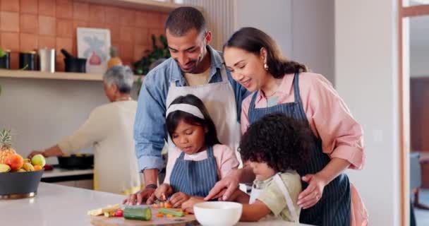 孩子和烹调蔬菜在厨房里度过节日 回家或吃午饭 父亲和教育儿子或女儿的蔬菜营养促进快乐的联系 健康或结合 — 图库视频影像