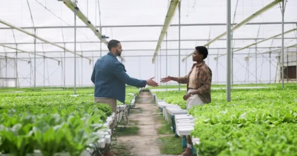 Emberek Kézfogás Csapatmunka Üvegházakban Élő Növényekért Partnerségért Fenntartható Fejlődésben Férfi — Stock videók