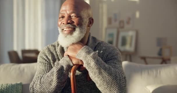 Happy Face Black Man Cane Sofa Support Medical Help Retirement — Stock Video