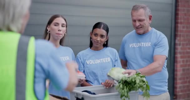 Vrijwilligersgroep Donatie Checklist Mensen Tellen Kruideniersproducten Voedsel Groenten Voor Liefdadigheidssteun — Stockvideo