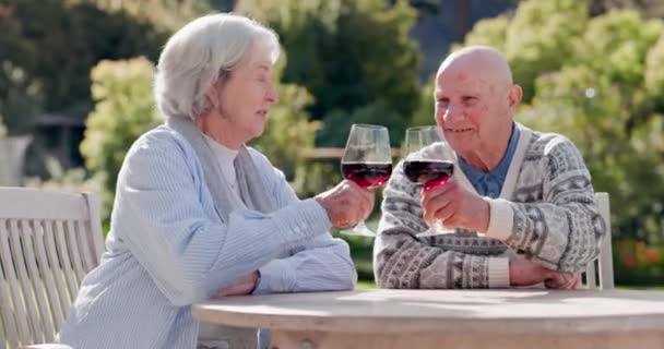 老夫妇们 敬酒敬酒 在花园里带着微笑 婚姻和交流 享受退休生活 老年人 在大自然中 用酒杯 健康或阳光下的快乐来爱或放松自己 — 图库视频影像