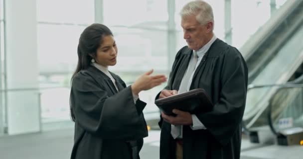 Juridiskt Pappersarbete Diskussion Och Domare Samarbete Som Talar Ett Rättsfall — Stockvideo