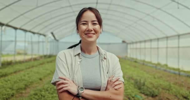 Gelukkig Gezicht Vrouw Kas Voor Landbouw Ecologie Duurzaamheid Van Planten — Stockvideo