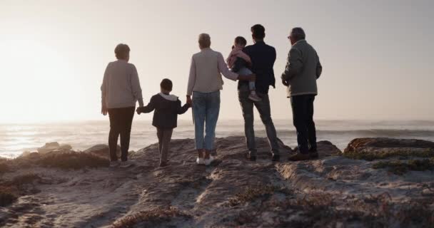 一家人 牵着手或孩子在沙滩上晒太阳 与祖父母共度暑假 妈妈或后视镜中的小孩与祖母或祖父在海上的亲密接触 — 图库视频影像