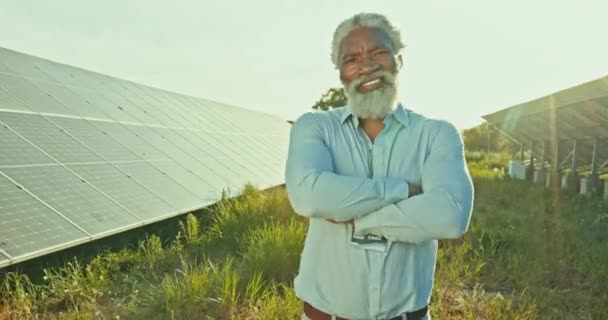 建筑师 手臂交叉和太阳能板的能量 生态和电力与微笑在脸上 非洲工程师 技术员和快乐的肖像画 田野或可持续的光伏发电 — 图库视频影像