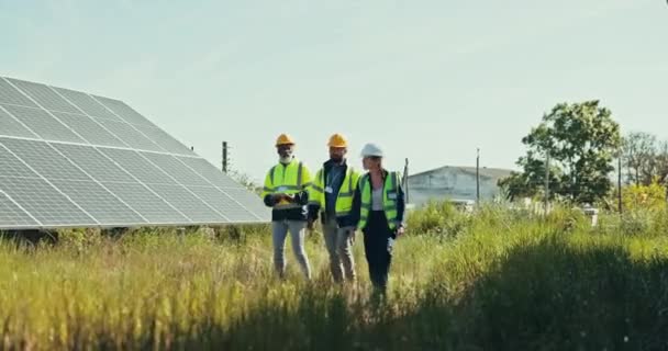 Gruppo Ingegnere Persone Con Pannello Solare Esterno Natura Con Lavoro — Video Stock