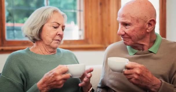 Viejos Pareja Ríen Casa Retiro Conexión Amor Pensionista Relajarse Juntos — Vídeos de Stock