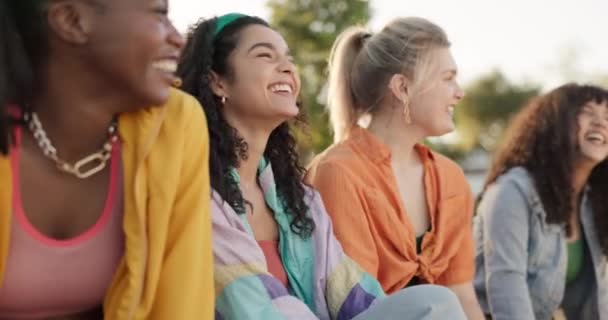 快乐的人 或是夏天在公园里共度假期的朋友 因为他们在一起聊天或欢笑 在美国 一群有着自由 多样化或健康的人在户外感到兴奋 微笑或滑稽 — 图库视频影像