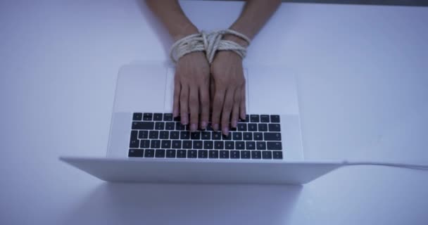 Laptop Hands Tied Rope While Typing Slavery Censorship Social Media — Stock Video