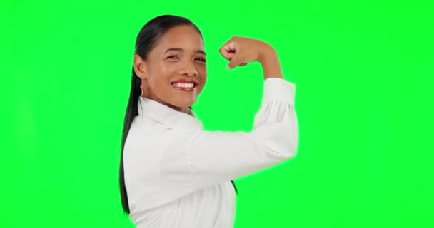 Flexão Muscular Mulher Tela Verde Para Poder Negócios Sucesso Ganhar — Vídeo de Stock