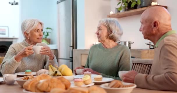 シニアの友人 そして退職後の家の人々との会話は 朝に絆を結ぶために一緒に ティーパーティー アパートのリビングルームでチャットする高齢者のグループ — ストック動画