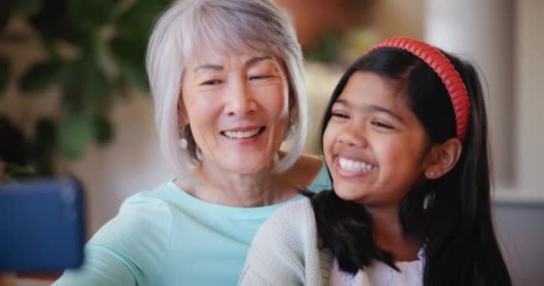 ホーム セルフィーと女の子との祖母 幸せと愛とプロフィール画像 一緒に結びついてリラックス スマートフォン ポスト ソーシャルメディアを備えたアパート おばあちゃん — ストック動画