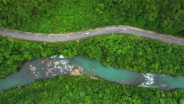 Κηφήνας Αυτοκίνητο Και Ποτάμι Δρόμο Στο Δάσος Για Περιβάλλον Την — Αρχείο Βίντεο