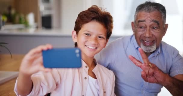 スマートフォン セルフィー ソーシャルメディア 自宅で楽しい 幸せな家族 平和のサイン 思い出のための写真と写真 — ストック動画