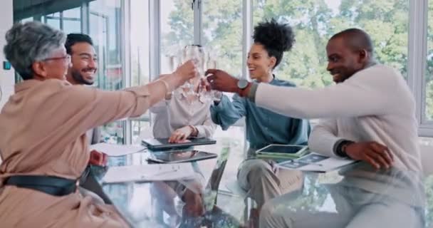 Champagne Toast Team Celebration Office Boardroom Success Achievement Goals Diversity — Stock Video