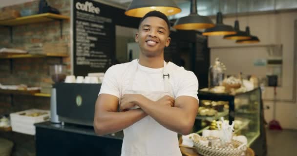 Bageri Glad Och Ansikte Man Café Redo För Servering Mat — Stockvideo