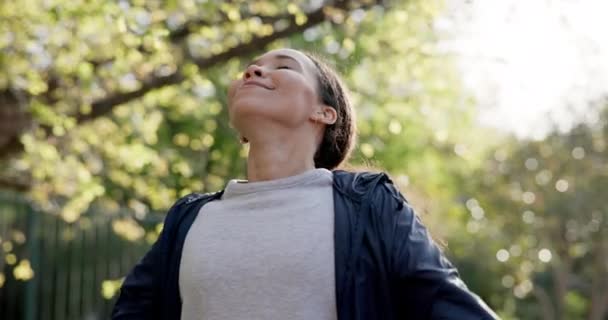 Szczęśliwa Kobieta Samotna Spokojna Dla Oddychania Zewnątrz Dla Zdrowia Dobrego — Wideo stockowe