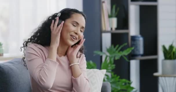 Headphones Music Woman Singing Home Radio Audio Sound Sofa Living — Stock Video