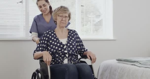 Pchać Pielęgniarka Pomaga Lub Starsza Kobieta Wózku Inwalidzkim Opieki Zdrowotnej — Wideo stockowe