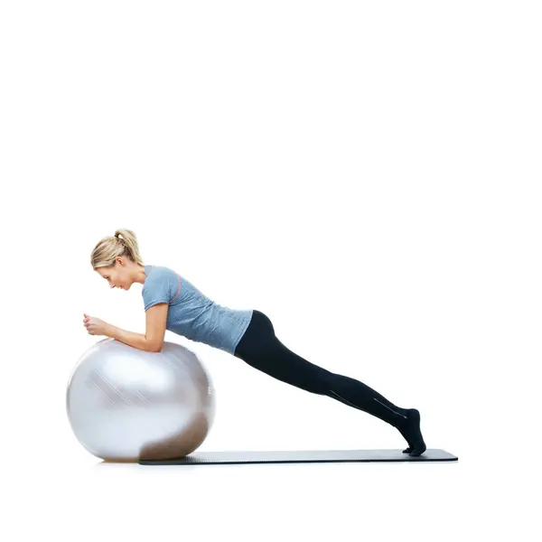 Vrouw Bal Stretching Studio Ruimte Voor Training Wellness Mobiliteitsoefening Witte — Stockfoto