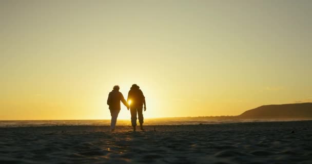 Strandspaziergang Bei Sonnenuntergang Händchen Halten Und Senioren Der Natur Mit — Stockvideo