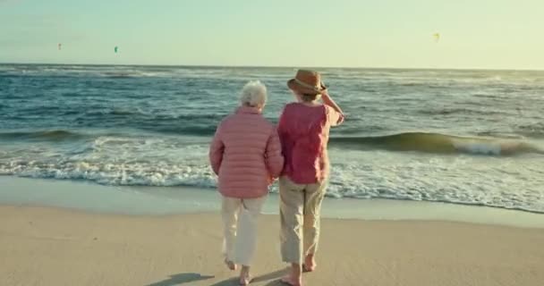 上了年纪的女人 朋友们 手牵手回到海滩 关心并与海上的重逢紧密相连 老年妇女 人和热带与波浪 海洋和自由度假 散步和退休 — 图库视频影像