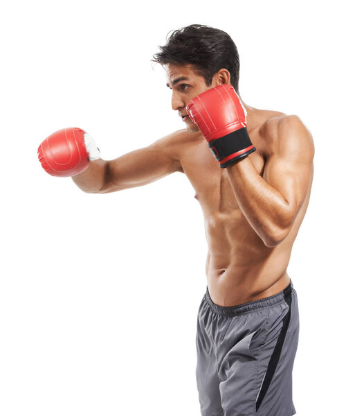 Man is shirtless, boxing and athlete with fitness and muscle in studio, sport and workout for health on white background. Exercise, training and fighter with gloves, body and abs with testosterone.