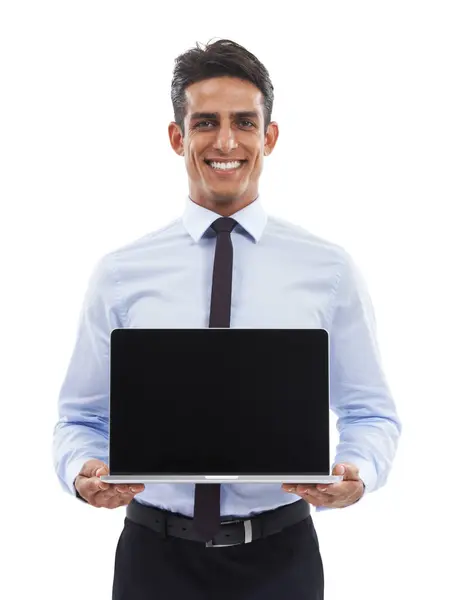 Portrait Geschäftsmann Und Werbung Laptop Bildschirm Studio Für Deal Angebot — Stockfoto
