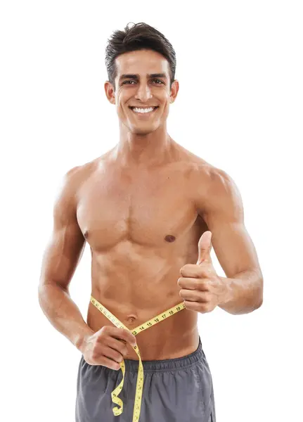 Happy Man Portret Duimen Met Meetlint Voor Fitness Succes Dieet — Stockfoto