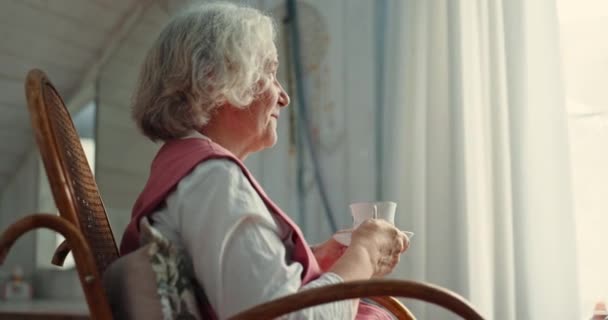 Senior Woman Window Thinking Tea Home Vision Memory Relax Rocking — Stock Video
