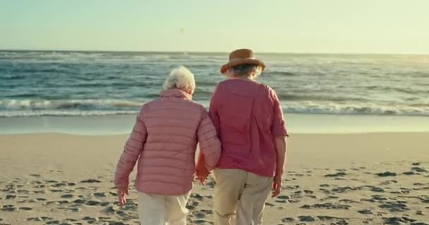 上了年纪的女人 朋友们 带着手牵着手从海上回来 在海滩上与家人团聚 老太太 拥抱波涛 自由度假 散步和退休 — 图库视频影像