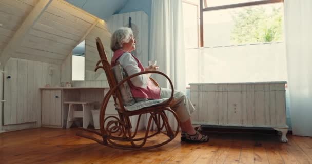 Senior Woman Window Relax Tea Home Vision Memory Thinking Rocking — Stock Video