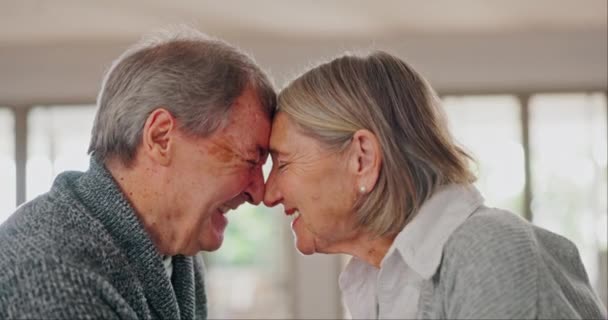老夫老妻在家里的前头 触摸和爱 照顾和关系 浪漫的关系和退休生活 年长的男人和快乐的女人在婚姻中的结合 支持和信任 — 图库视频影像
