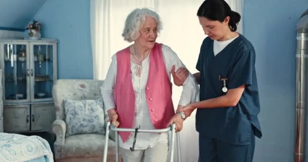 Hemşire Walker Yaşlı Kadın Evde Tıbbi Destek Rehabilitasyon Emeklilikte Sağlık — Stok video