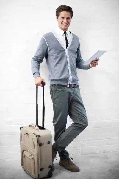 Business Man Case Luggage Tablet Portrait Smile App Flight Travel — Stock Photo, Image