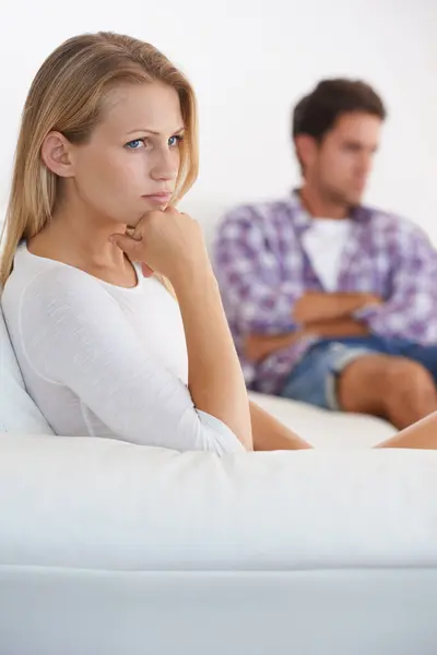 Couple Angry Living Room Couch Anger Upset Thinking Disagreement Fight — Stock Photo, Image