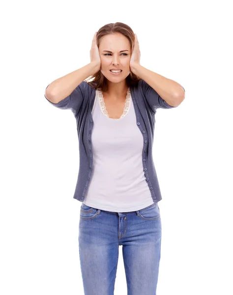 Block Ears White Background Woman Headache Anxiety Bad Mistake Burnout Royalty Free Stock Photos