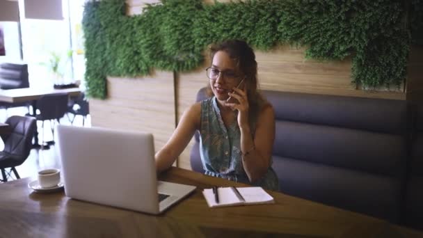 Vrouw Laptop Telefoongesprek Café Voor Discussie Communicatie Voorstel Netwerken Creatieve — Stockvideo
