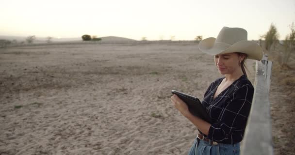 农场或农场的平板电脑 自然和思考与打字 农业和模拟空间 牛仔女孩 农民或拥有数字触摸屏的人 点击并阅读应用程序 以促进德克萨斯的可持续性 — 图库视频影像