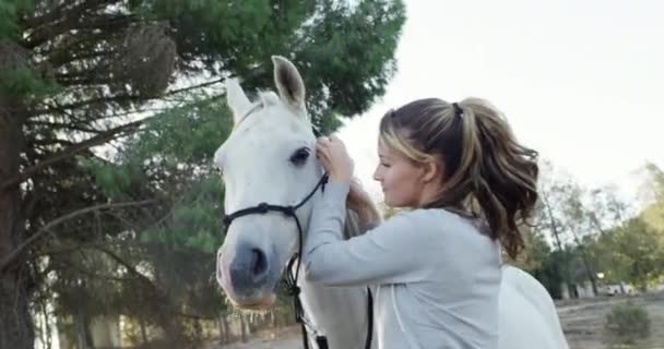 Kobieta Koń Uprząż Ranczu Farmie Gotowy Jazdy Konnej Szkolenia Uśmiech — Wideo stockowe