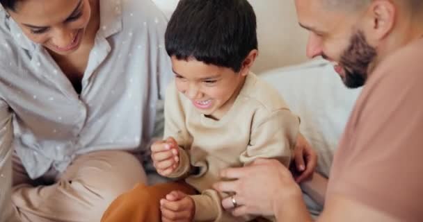 Happy Bedroom Parents Tickling Kid Home Having Fun Bonding Together — Stock Video