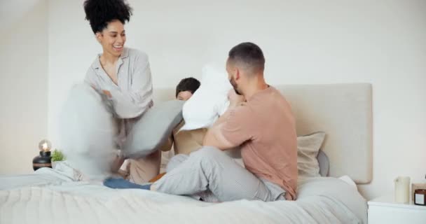 Happy Bed Family Pillow Fight Home Having Fun Bonding Together — Stock Video