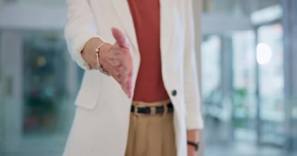 商务女性 握手和交易办公室 B2B或雇用 见面或打招呼方面的协议 为招聘介绍 团队合作或在工作场所感谢你而握手的女性 — 图库视频影像