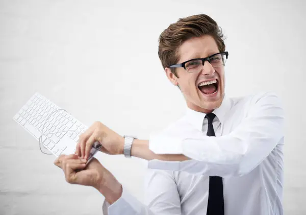 Man Angry Shouting Keyboard Boss Portrait Employee Work Report Job — Stock Photo, Image