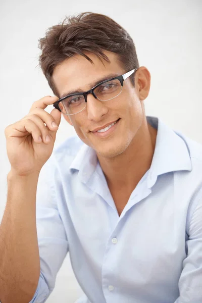 Glücklich Mann Gesicht Und Brille Wahl Für Das Sehen Mit — Stockfoto